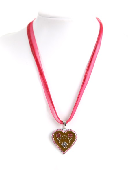 Trachten Herz Halskette mit Blumen und Steinen pink (K32)