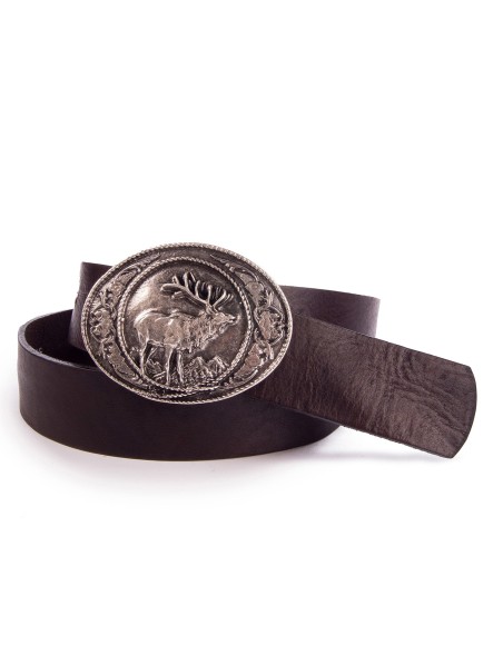 Bavarian belt with stag motive buckle (darkbrown) 90cm