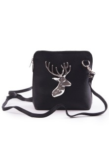 Bavarian bag Mia genuine leather with silver stag (black)