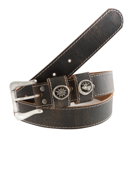 Bavarian belt with stag and edelweiss button (dark brown)