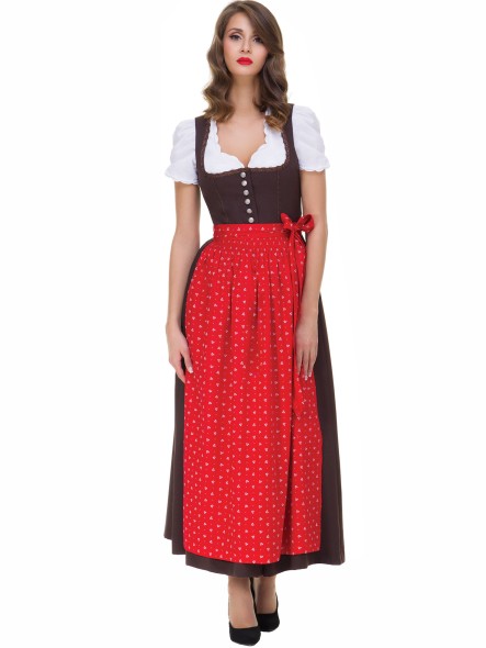 Long Dirndl Elena brown with red apron 36