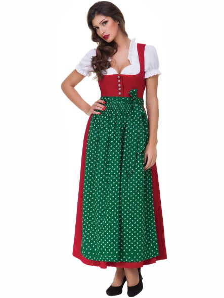 Almbock Langes Dirndl Lea rot mit grüner Schürze