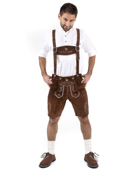 SLS03 Hose + Hemd Trachten Hemd Bayerische Oktoberfest Herren Trachten Set Lederhose mit Trägern 