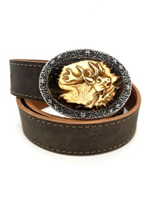 Leather belt with hand carved deer motif (antique brown)