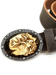 Leather belt with hand carved deer motif (antique brown)