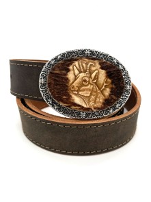 Leather belt with hand carved chamois motif (antique brown)