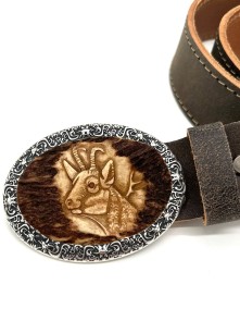 Leather belt with hand carved chamois motif (antique brown)