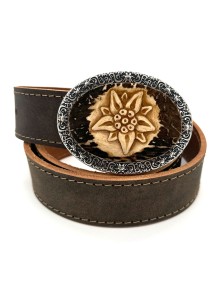 Leather belt with hand carved edelweiss motif (antique brown)