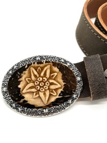 Leather belt with hand carved edelweiss motif (antique...