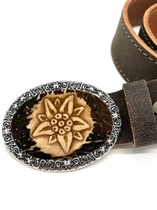 Leather belt with hand carved edelweiss motif (antique brown)