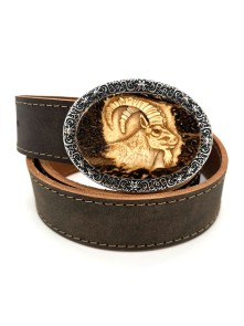 Leather belt with hand carved ibex motif (antique brown)