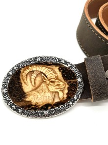 Leather belt with hand carved ibex motif (antique brown)