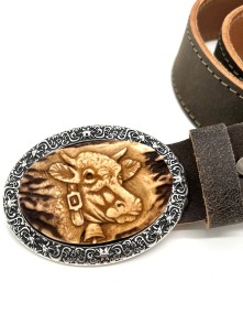 Leather belt with hand carved cow motif (antique brown)
