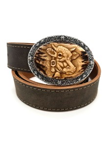 Leather belt with hand carved cow motif (antique brown)