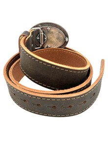 Leather belt with hand carved cow motif (antique brown)