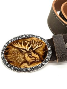 Leather belt with hand carved moose motif (antique brown)