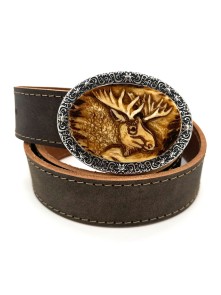 Leather belt with hand carved moose motif (antique brown)