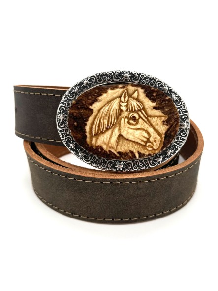 Leather belt with hand carved horse motif (antique-brown)