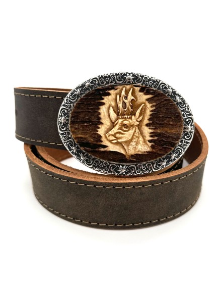 Leather belt with hand carved roebuck motif (antique brown)