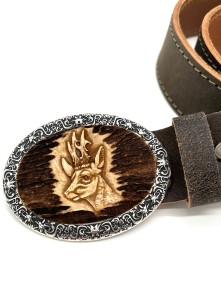 Leather belt with hand carved roebuck motif (antique brown)