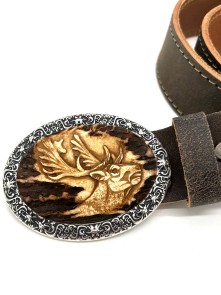 Leather belt with hand carved fallow deer motif (antique...