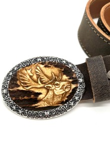 Leather belt with hand carved fallow deer motif (antique brown)