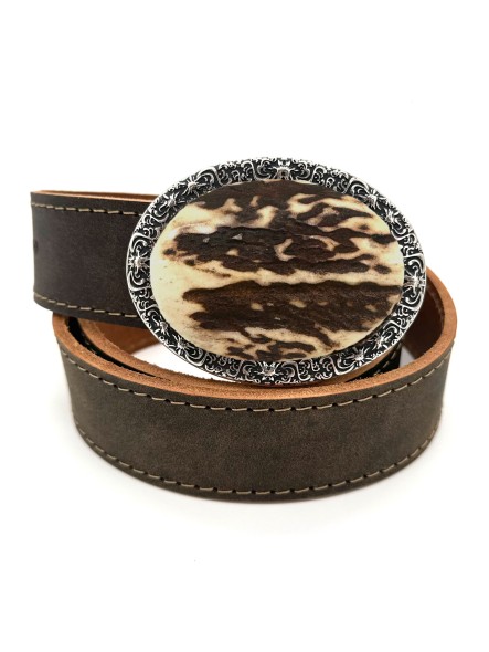 Leather belt with hand carved stag horn inlay (antique-brown)