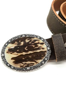Leather belt with hand carved stag horn inlay (antique-brown)