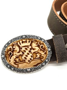 Leather belt with hand carved Bavarian coat of arms motif...