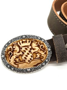 Leather belt with hand carved Bavarian coat of arms motif (antique brown)