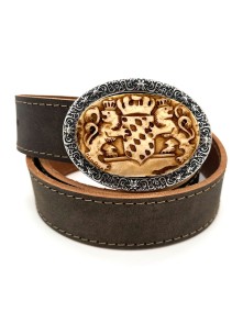 Leather belt with hand carved Bavarian coat of arms motif (antique brown)