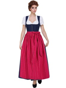 Langes Dirndl Hannah dunkelblau mit roter Schürze